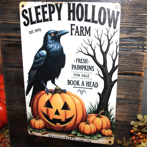NEW Sleepy Hollow Black Crow Raven Jack O Lantern Farmhouse Wall Decor Sign - Picture 3 of 3